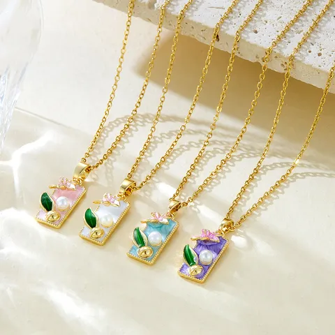 Chinese Style Painted Oil Painting Floral Artificial Pearl Enamel Square Pendant Necklace And Earrings Fashion Jewelry Set