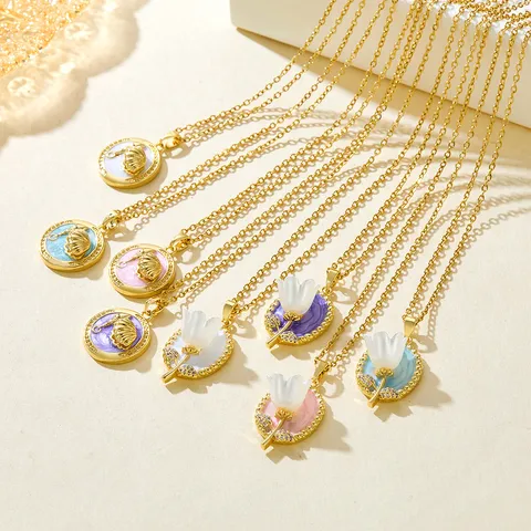 French Vintage Stainless Steel Enamel Tulip Flower Artificial Pearl Pendant Necklace Chic Rhinestone Jewelry Gift