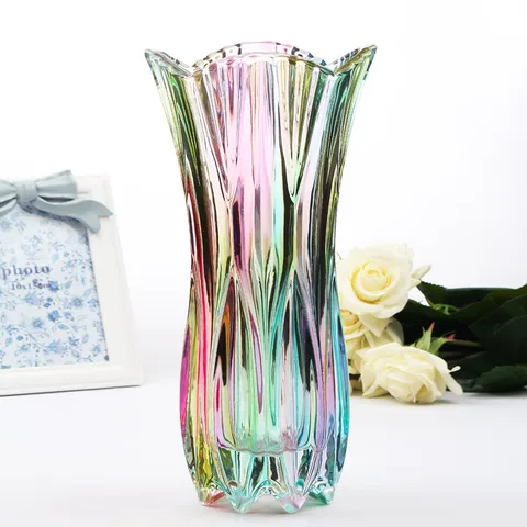 European Large Crystal Glass Vase Iridescent Electroplated Colorful Decorative Flower Vase For Living Room Home Decor
