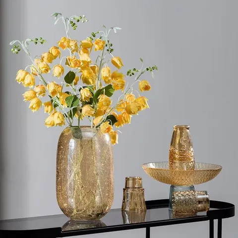 Large Glass Ice Crackle Vase Transparent Amber Flower Vase Modern Home Decor Living Room Tabletop Ornament