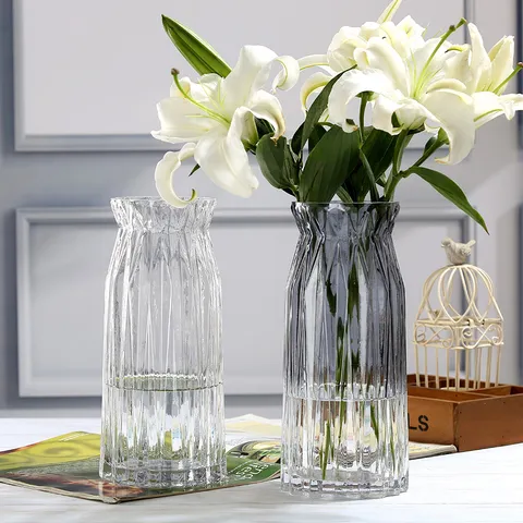 Florero de Vidrio con Degradado Transparente Moderno Minimalista Rayas Verticales Maceta Hidropónica Decoración de Sala de Estar