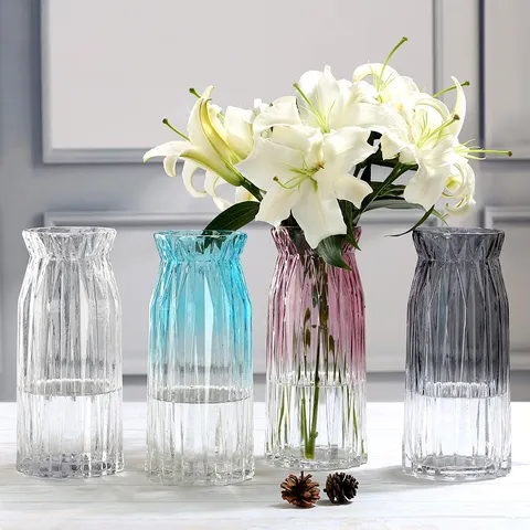 Florero de Vidrio con Degradado Transparente Moderno Minimalista Rayas Verticales Maceta Hidropónica Decoración de Sala de Estar