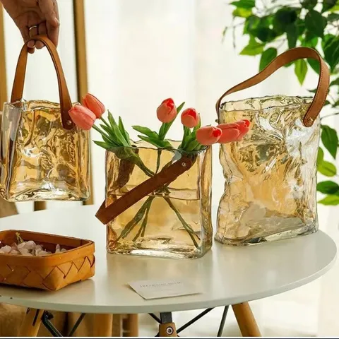 Creative Handbag Shaped Glass Vase Transparent Amber Gray Hydroponic Flower Vase Modern Minimalist Home Decor Tabletop Ornament