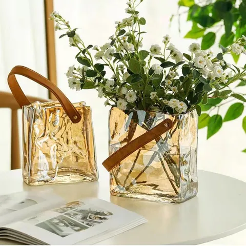 Creative Handbag Shaped Glass Vase Transparent Amber Gray Hydroponic Flower Vase Modern Minimalist Home Decor Tabletop Ornament
