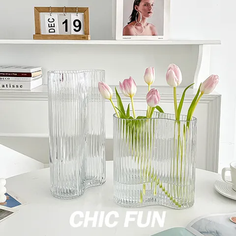 Transparent Glass Vase Nordic Style Wave Striped Desktop Flower Hydroponics Vase For Home Living Room Dining Table