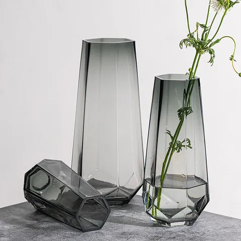 Nordic Minimalist Creative Glass Vase Transparent Smoky Gray Geometric Faceted Flower Vase For Living Room Home Table Decor