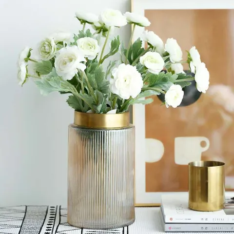 European Glass Flower Vase Decorative Tabletop Plant Container Modern Minimalist Vertical Stripe Vase With Copper Ring