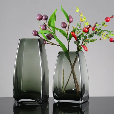 Modern Minimalist Smoky Grey Glass Vase Creative Geometric Clear Flower Vase For Living Room Tabletop Home Decor Art
