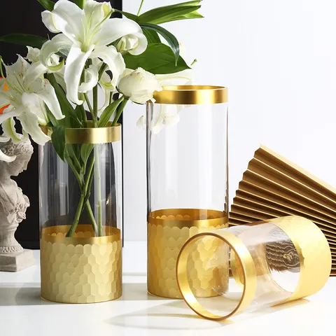 Vase en Verre Transparent Moderne Fond Doré Galvanisé Arrangement Floral Hydroponique Pour Salon Nordique Décoration Intérieure