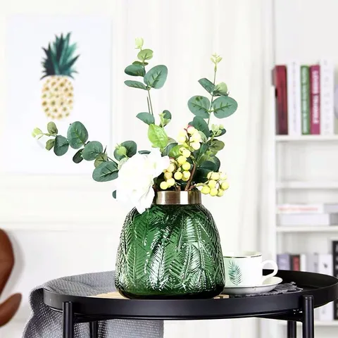 European Creative Glass Vase Living Room Flower Arrangement Dried Flower Light Luxury Carved Copper Ring Decor