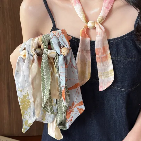 Vintage Floral Beaded Satin Scarf For Women Thin Neck Scarf Literary Gentle Versatile Hairband Neck Accessory