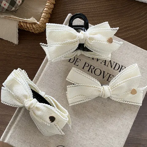 Elegant White Fabric Bowknot Hair Clip Gentle Lace Trim Ribbon Bow Hairpin Headwear Sweet Heart Pendant Barrette For Women Daily Dating Accessories