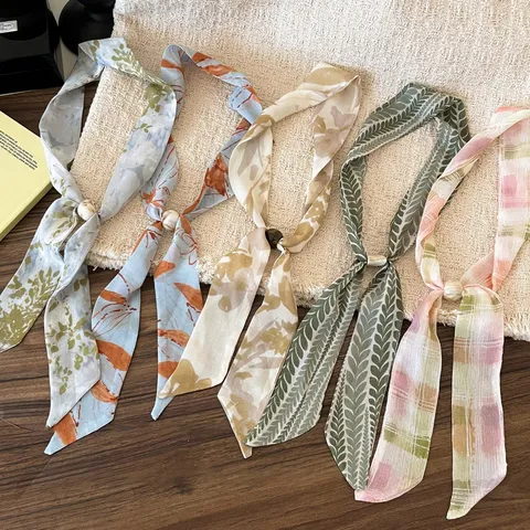 Vintage Floral Beaded Satin Scarf For Women Thin Neck Scarf Literary Gentle Versatile Hairband Neck Accessory