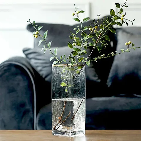Vase en Verre Carré Transparent Minimaliste Nordique Bord Doré Décoration Florale de Maison Créative