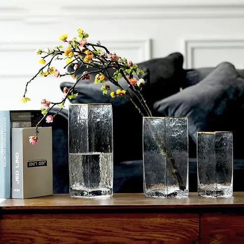 Vase en Verre Carré Transparent Minimaliste Nordique Bord Doré Décoration Florale de Maison Créative