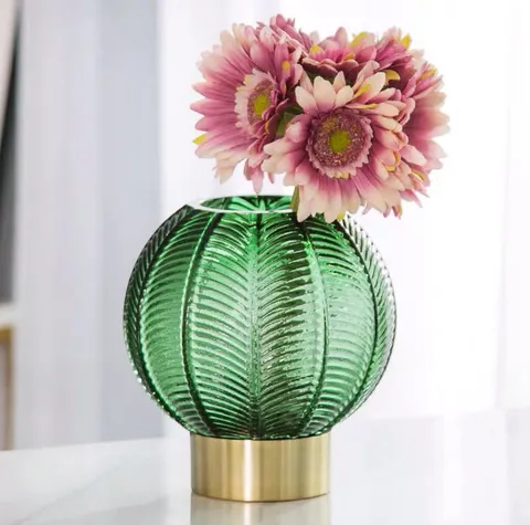 Nordic Style Striped Glass Vase With Metal Base Decorative Flower Pot For Living Room Bedroom Home Decor Tabletop Ornament