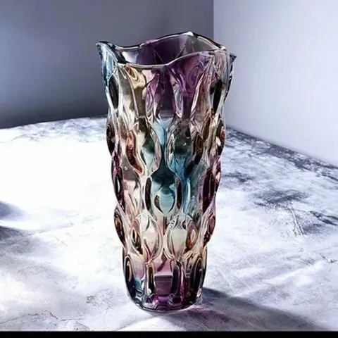 European Luxury Iridescent Crystal Glass Flower Vase 3D Textured Decorative Vessel for Living Room Hotel Home Decor