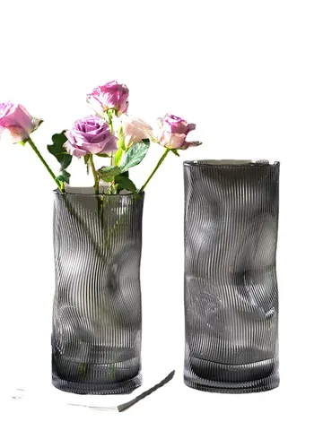 Irregular Creative Curved Glass Vase Minimalist Transparent Smoky Gray Vertical Stripe Flower Vase For Home Tabletop Decor