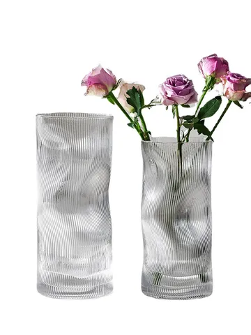 Irregular Creative Curved Glass Vase Minimalist Transparent Smoky Gray Vertical Stripe Flower Vase For Home Tabletop Decor