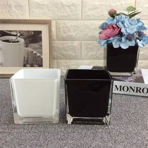 Modern Minimalistisches Galvanisiertes Glas Quadratische Vase Schwarz Und Weiß Transparent Hydrokultur Pflanzgefäß Desktop Floral Dekor