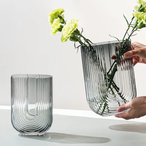 Nordic Minimalist Transparent U-Shaped Glass Vase Vertical Stripe Hydroponic Flower Arrangement Living Room Desktop Ornament