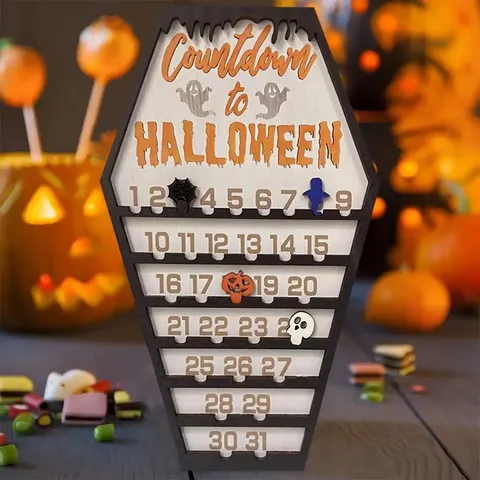 Halloween Coffin Countdown Calendar Wooden Table Ornament DIY Moving Block Calendar Wood Craft Spooky Holiday Party Home Decoration