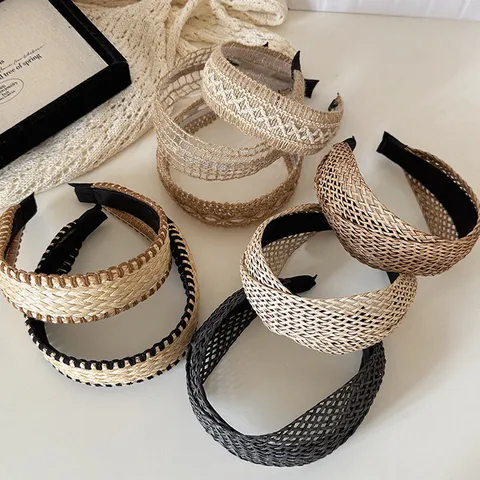 Serre-tête Large en Paille Tissée Style Bohème pour Femmes Style de Vacances Bandeau de Cheveux Tressé Accessoires de Cheveux de Mode
