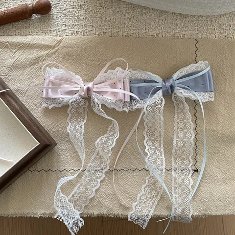 French Style Satin Polka Dot Bow Hair Clip Elegant White Lace Edge Hairpin Sweet Ribbon Duckbill Clip For Women Girls