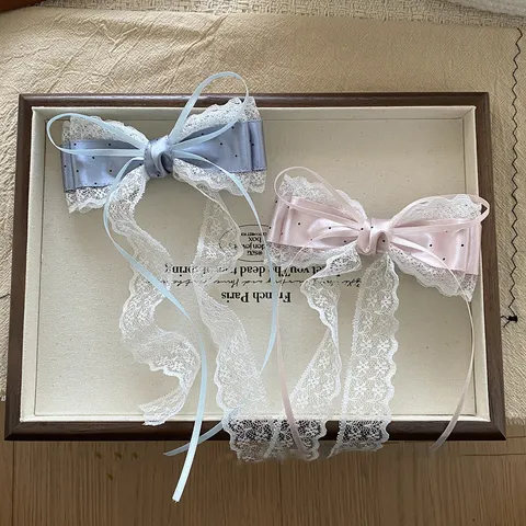 French Style Satin Polka Dot Bow Hair Clip Elegant White Lace Edge Hairpin Sweet Ribbon Duckbill Clip For Women Girls