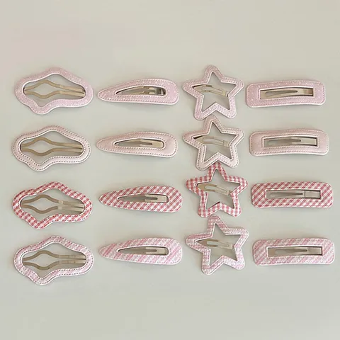 Sweet Pink Fabric Covered Metal BB Hair Clips Cute Checkered Polka Dot Star Cloud Side Bangs Snap Barrettes For Girls Women Headwear Accessories