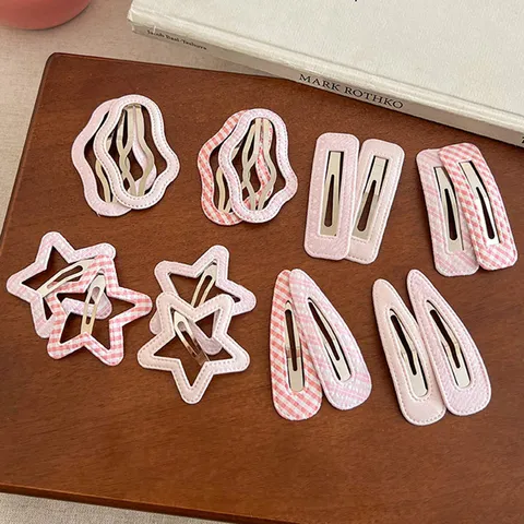 Sweet Pink Fabric Covered Metal BB Hair Clips Cute Checkered Polka Dot Star Cloud Side Bangs Snap Barrettes For Girls Women Headwear Accessories