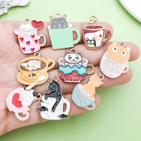 Mixed Alloy Enamel Cartoon Cat Coffee Cup Charms DIY Bracelet Necklace Pendants Cute Jewelry Making Findings Accessories