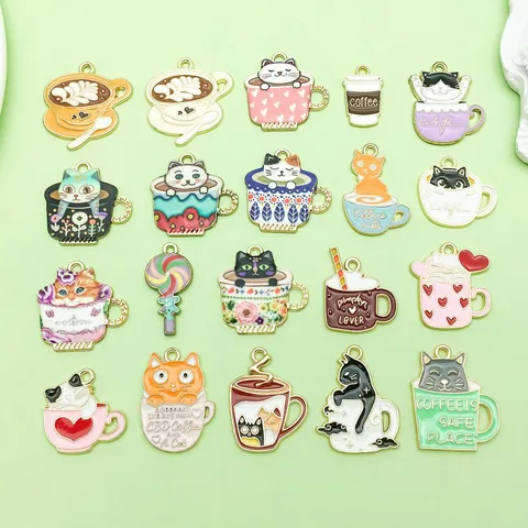 Mixed Alloy Enamel Cartoon Cat Coffee Cup Charms DIY Bracelet Necklace Pendants Cute Jewelry Making Findings Accessories