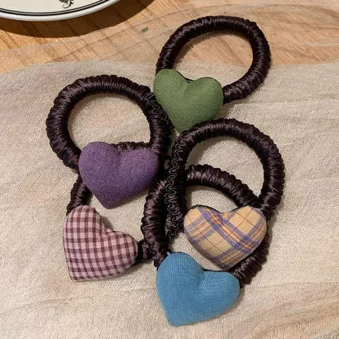 Gomas para el Pelo con Forma de Corazón de Tela a Cuadros de Estilo Preppy Gomas para el Pelo de Alta Elasticidad Dulces y Frescas para Mujer Coletero Casual Diario