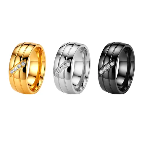 Minimalistischer Edelstahl Rillenring Für Damen Herren Diagonal Eingelegter Strass Paarring Breiter Modeschmuck Gold Silber Schwarz