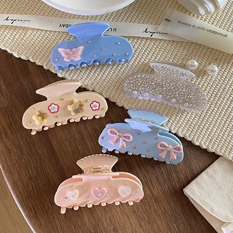 Pince à Cheveux en Acétate Style Français Avec Noeud en Strass Motif à Carreaux Clip Requin Moyen Pour Femme Accessoires de Coiffure