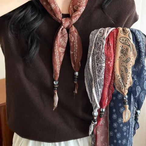 Vintage Paisley Bloemen Satijnen Sjaal Ketting Voor Vrouwen Elegante Driehoekige Sjaal Met Kraal Kwastje Decoratief Overhemd Accessoire