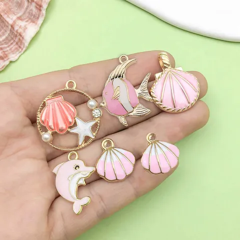 Pink Enamel Ocean Theme Alloy Charms Cute Seashell Starfish Whale Dolphin Pendant DIY Jewelry Accessories Making Craft