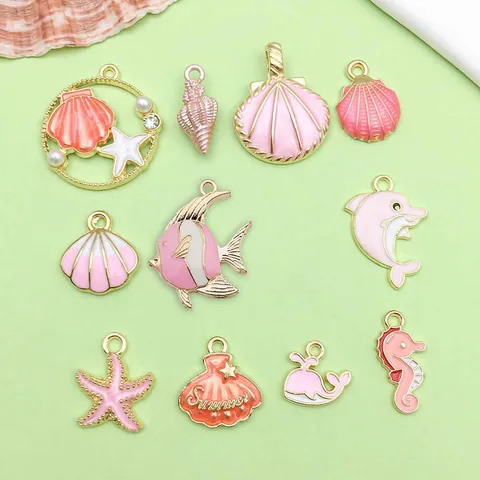 Pink Enamel Ocean Theme Alloy Charms Cute Seashell Starfish Whale Dolphin Pendant DIY Jewelry Accessories Making Craft