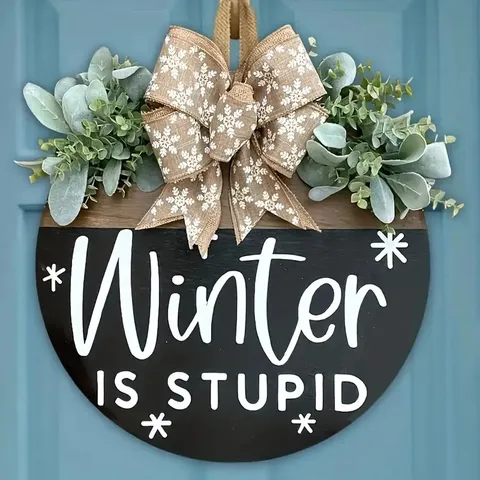 Christmas Winter Snowflake Wood Hanging Sign For Front Door Home Decor Winter Is Stupid Welcome Bless This Home Round Wooden Wreath American Country Farmhouse Wall Art Hanger