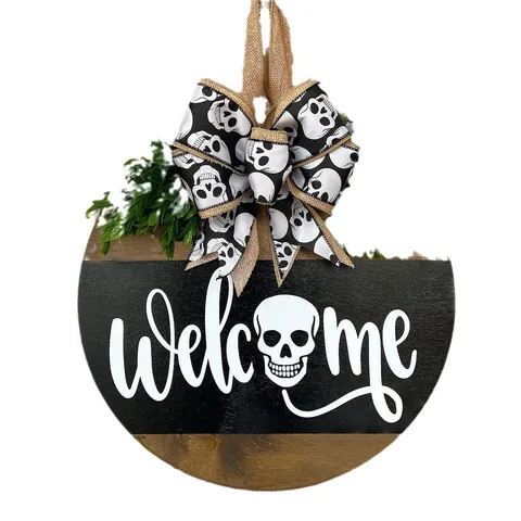 Halloween Christmas Wooden Welcome Door Sign Round Ghost Skull Dog Plaid Bow Artificial Greenery Holiday Porch Hanging Decor