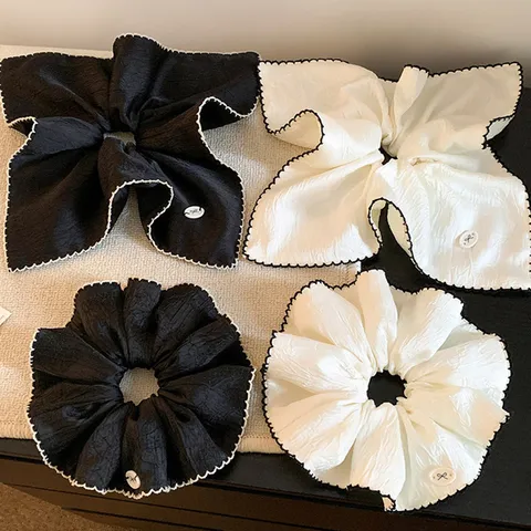 Korean Style Retro Satin Scrunchie With Ribbon Bow For Women Elegant Black White Large Hair Tie Scarf Hair Rope Hair Accessories