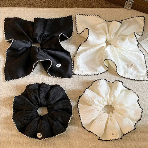 Korean Style Retro Satin Scrunchie With Ribbon Bow For Women Elegant Black White Large Hair Tie Scarf Hair Rope Hair Accessories