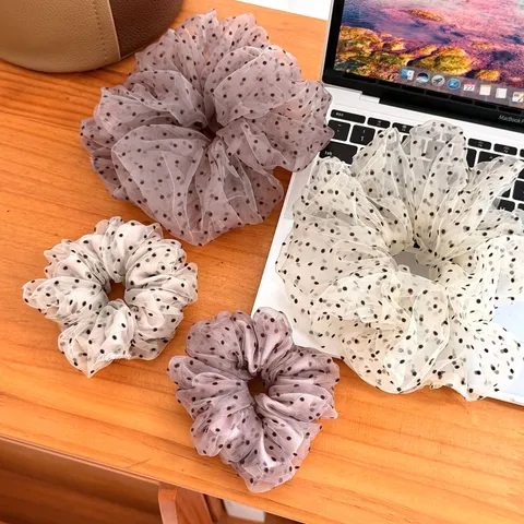 Women Sweet Mesh Fabric Polka Dot Scrunchie High Elastic Hair Tie Soft Elegant Ponytail Holder Casual Daily Hair Accessories