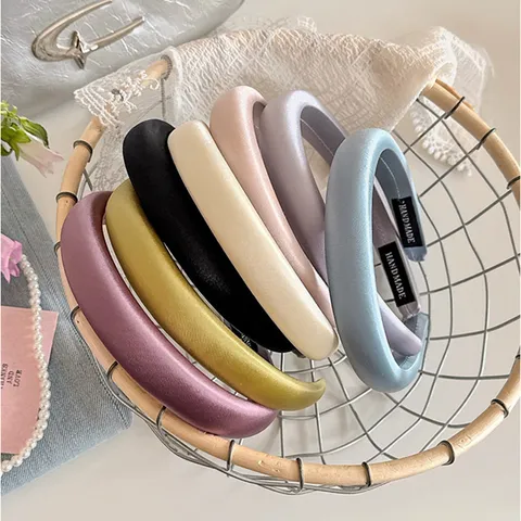 Women Padded Satin Headband Wide Sponge Hairband Solid Color Silk Texture Head Hoop Fashion Hair Accessories