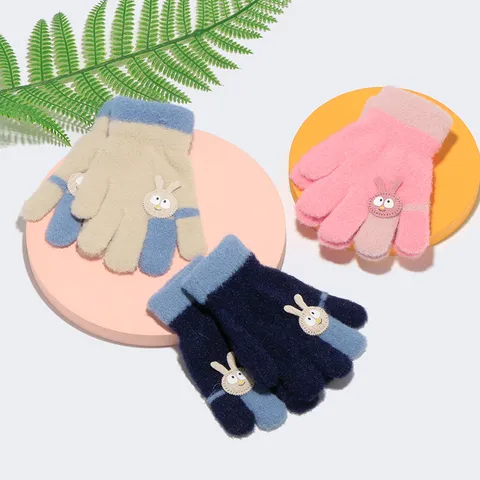 Cute Cartoon Rabbit Children Velvet Full Finger Gloves Winter Warm Thickened Knit Color Block Outdoor Gloves For Toddler Kids