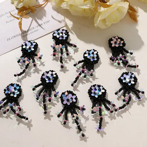 Black Beaded Sequin Flower Patch Tassels DIY Jewelry Hair Clip Bag Shoe Garment Accessories Craft Supply