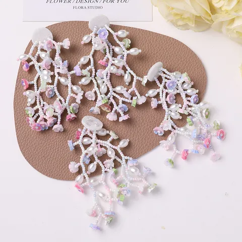 Vacation Style Tassel Artificial Pearl Floral Patch DIY Long Earrings Hair Clip Apparel Accessories