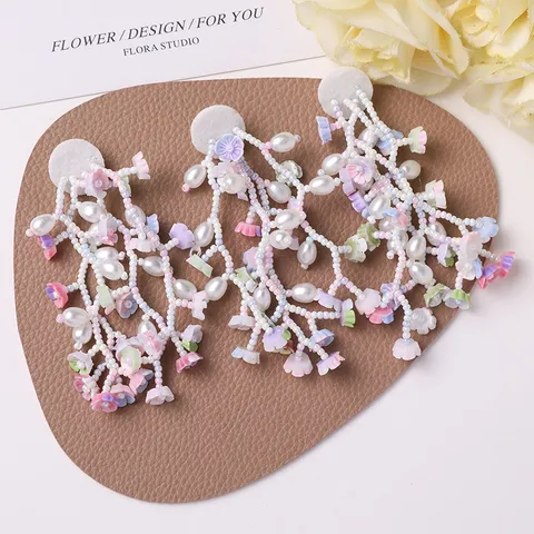 Vacation Style Tassel Artificial Pearl Floral Patch DIY Long Earrings Hair Clip Apparel Accessories