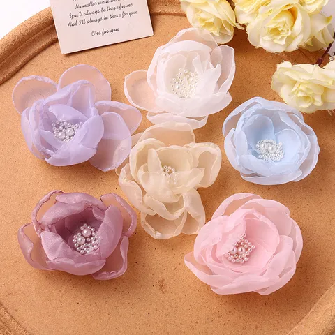 Pinza de Pelo Floral de Tul Dulce Horquilla de Flor de Tul Hecha a Mano Con Perla Artificial Accesorios de Cabello Diarios para Mujeres